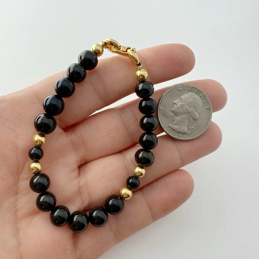 Vintage Trifari Signed Goldtone Black Glass Ball Beaded Bracelet